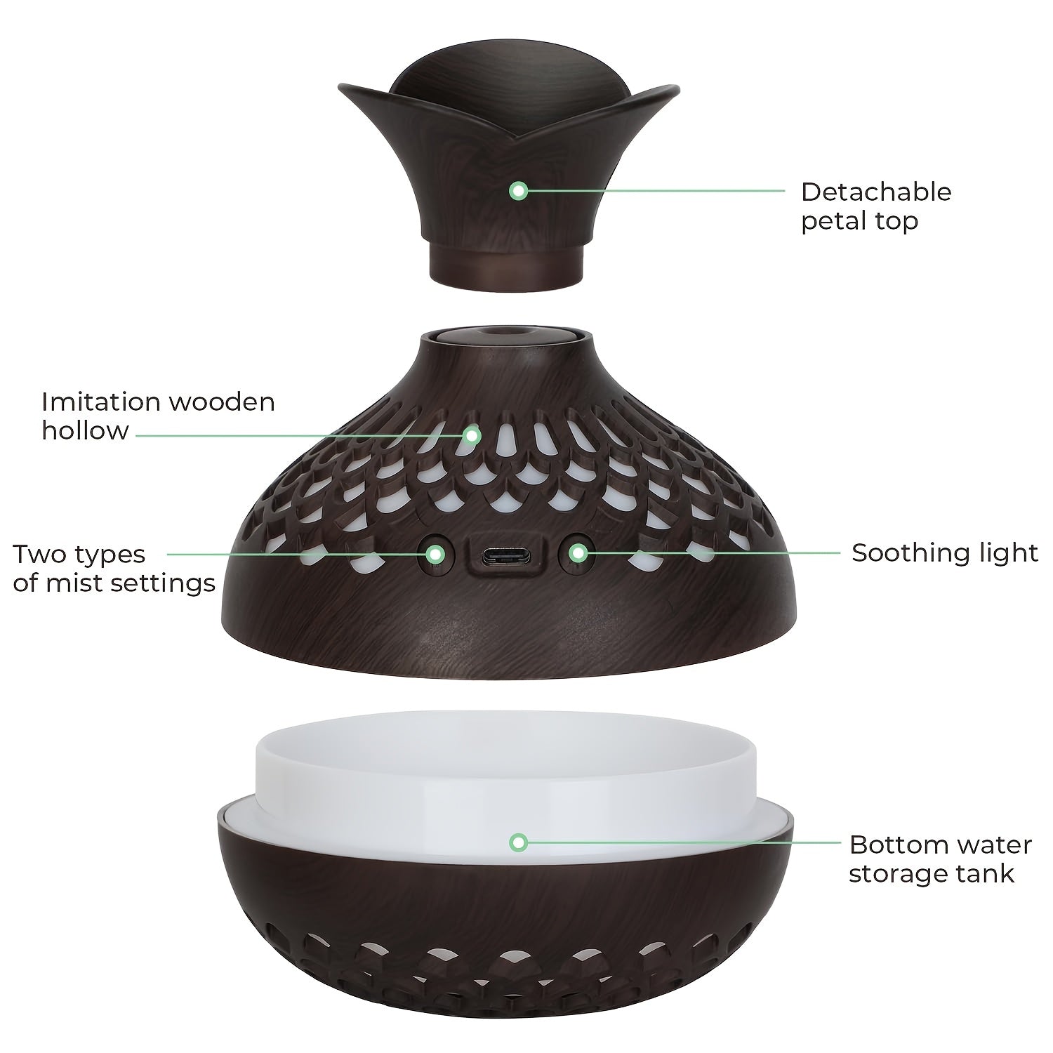 Difusor de Aromas de Madera Oscura con LED y Humidificador USB
