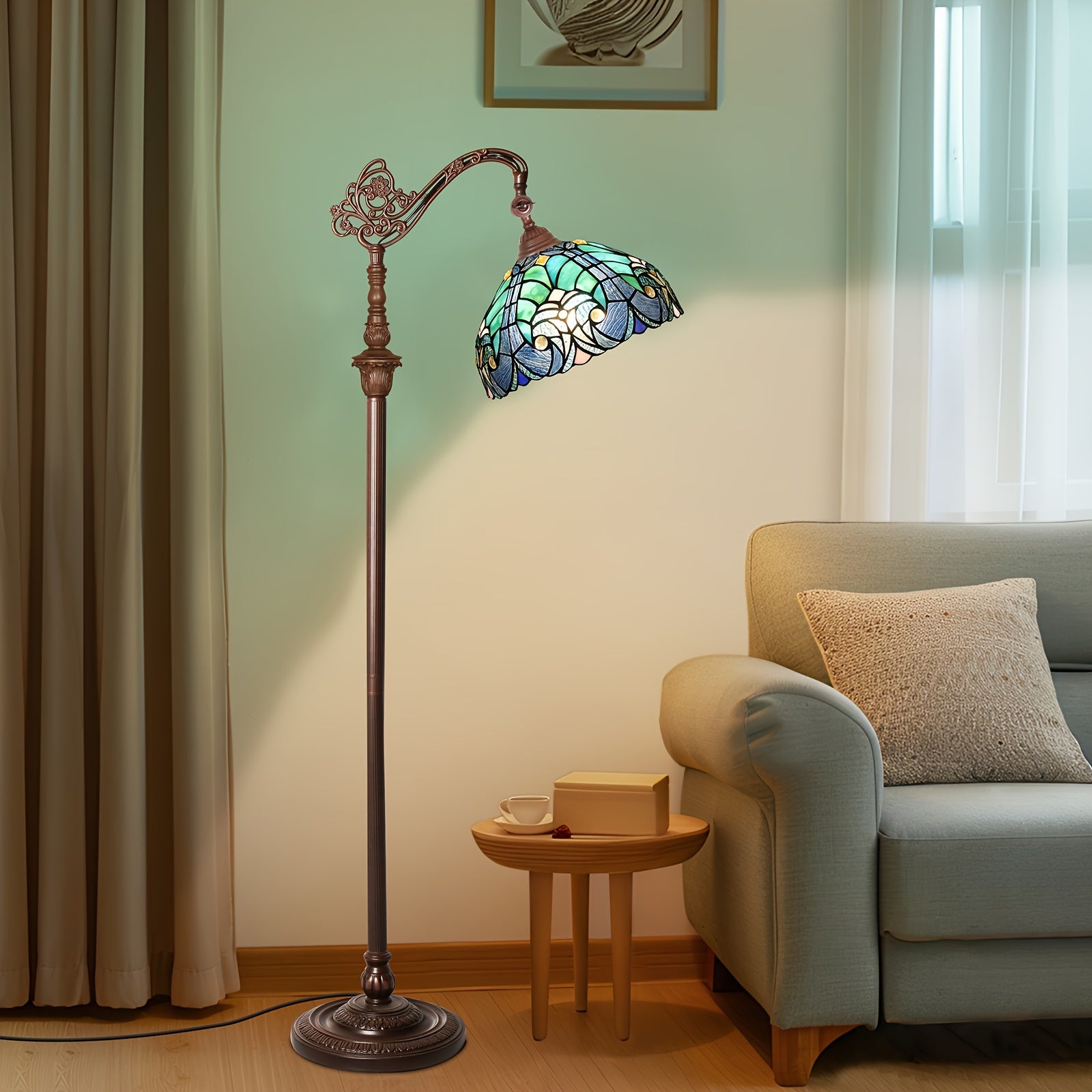 Lámpara de Pie Vintage con Pantalla de Cristal Satinado y Cuello Ajustable