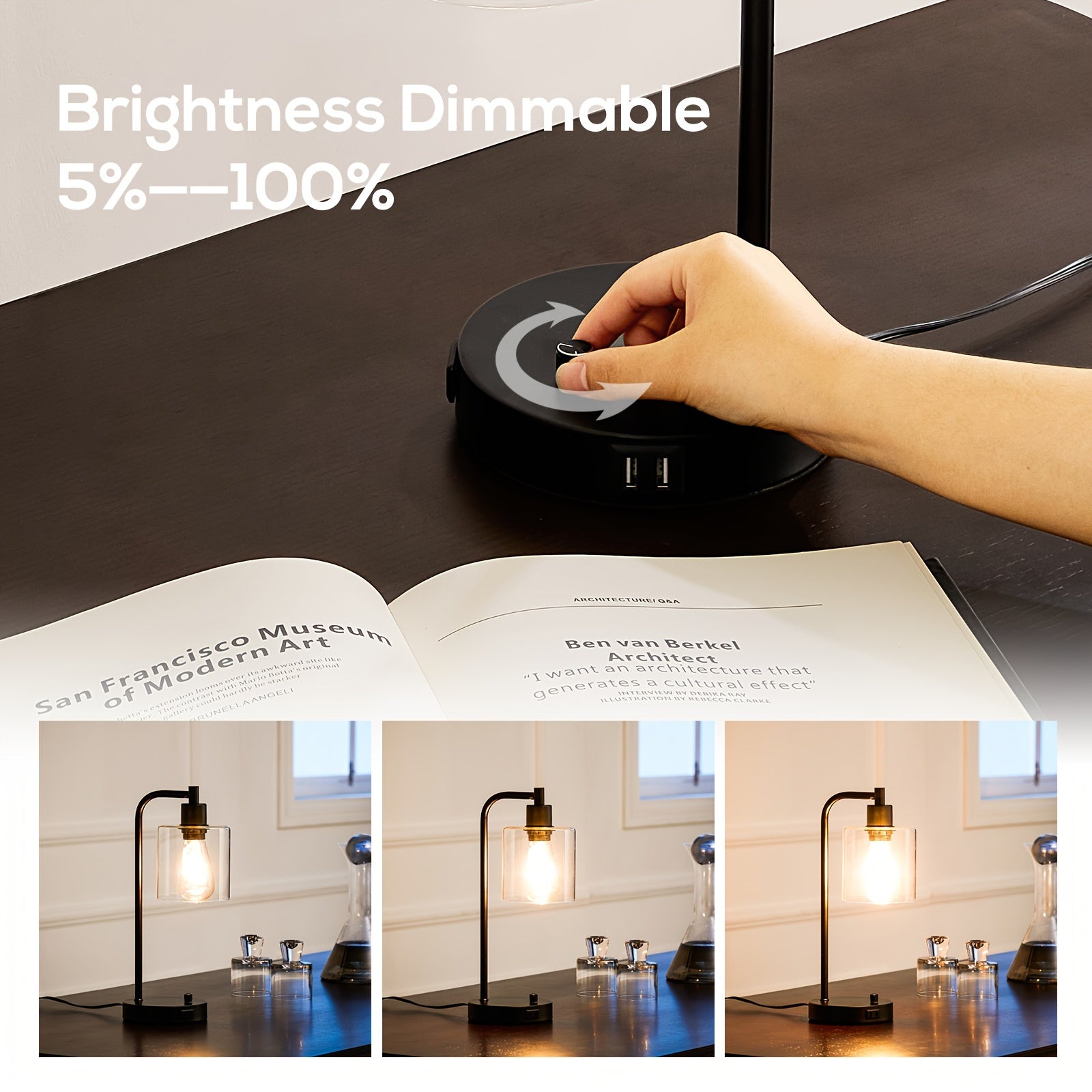 Set de 2 Lámparas de Mesa Industriales con USB y Regulador de Intensidad