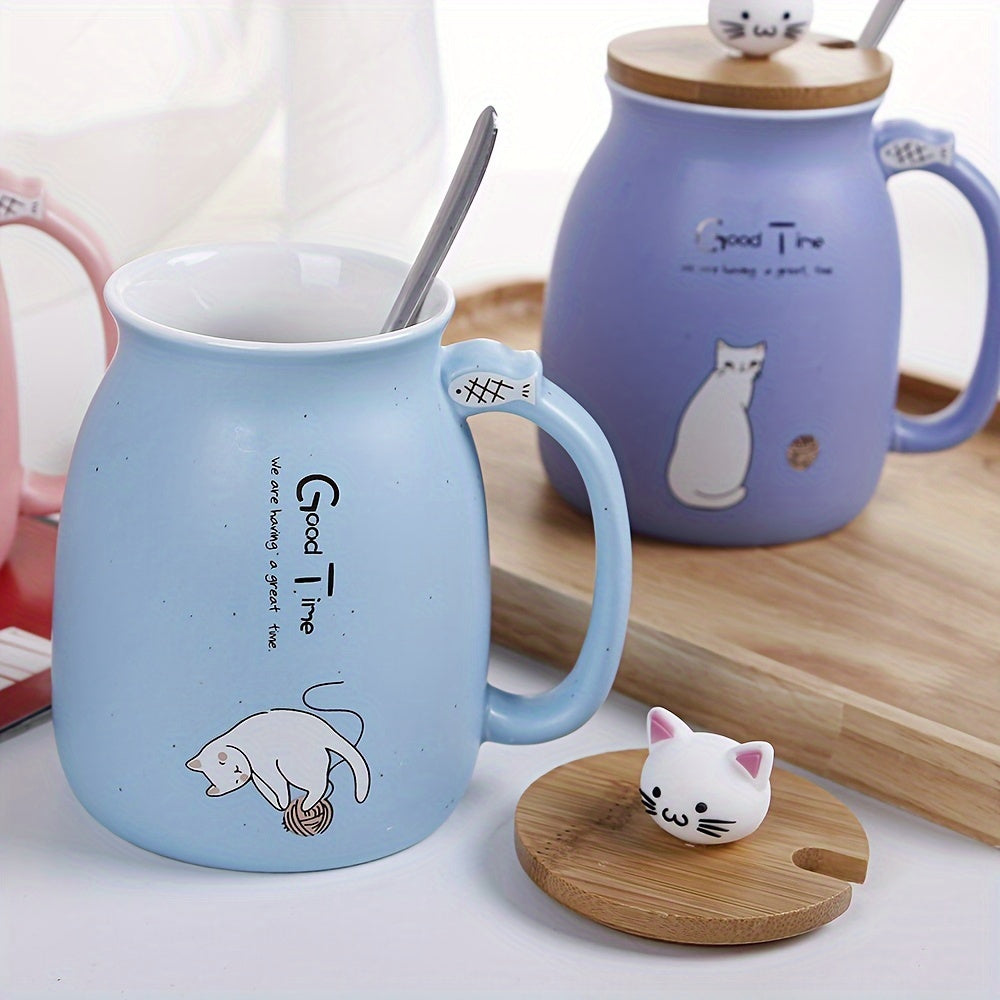Taza de Cerámica con Tapa y Cuchara, 420ml, Diseño de Gato
