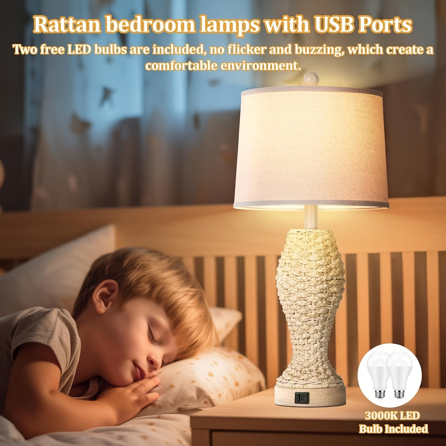 Lámparas de Mesa de Ratán para Dormitorio con USB, Set de 2
