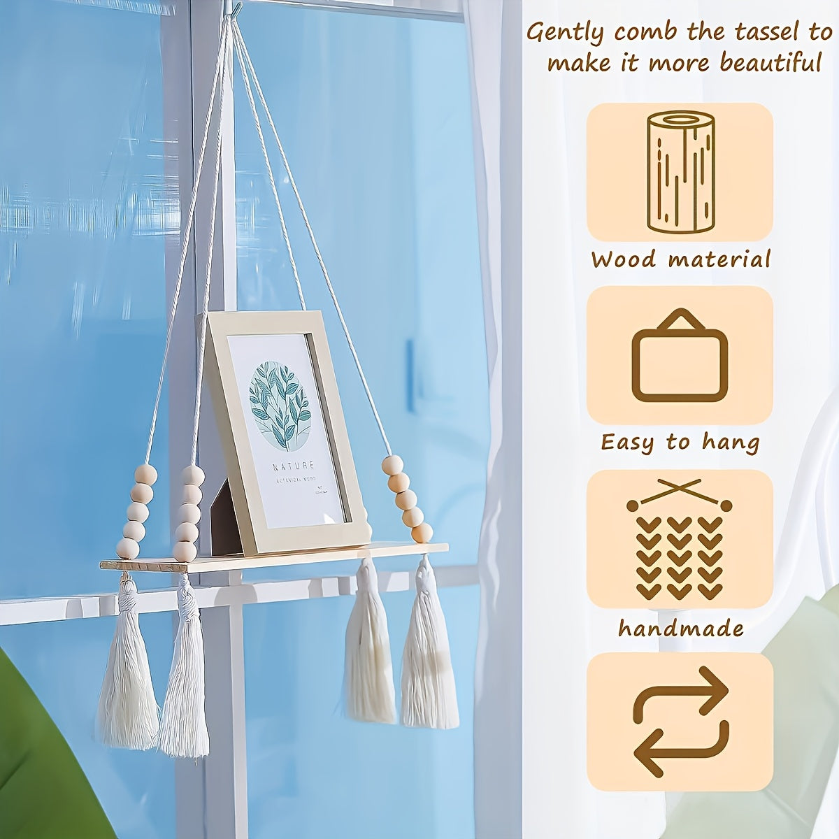 Estantería Colgante Boho de Madera con Macramé y Flecos