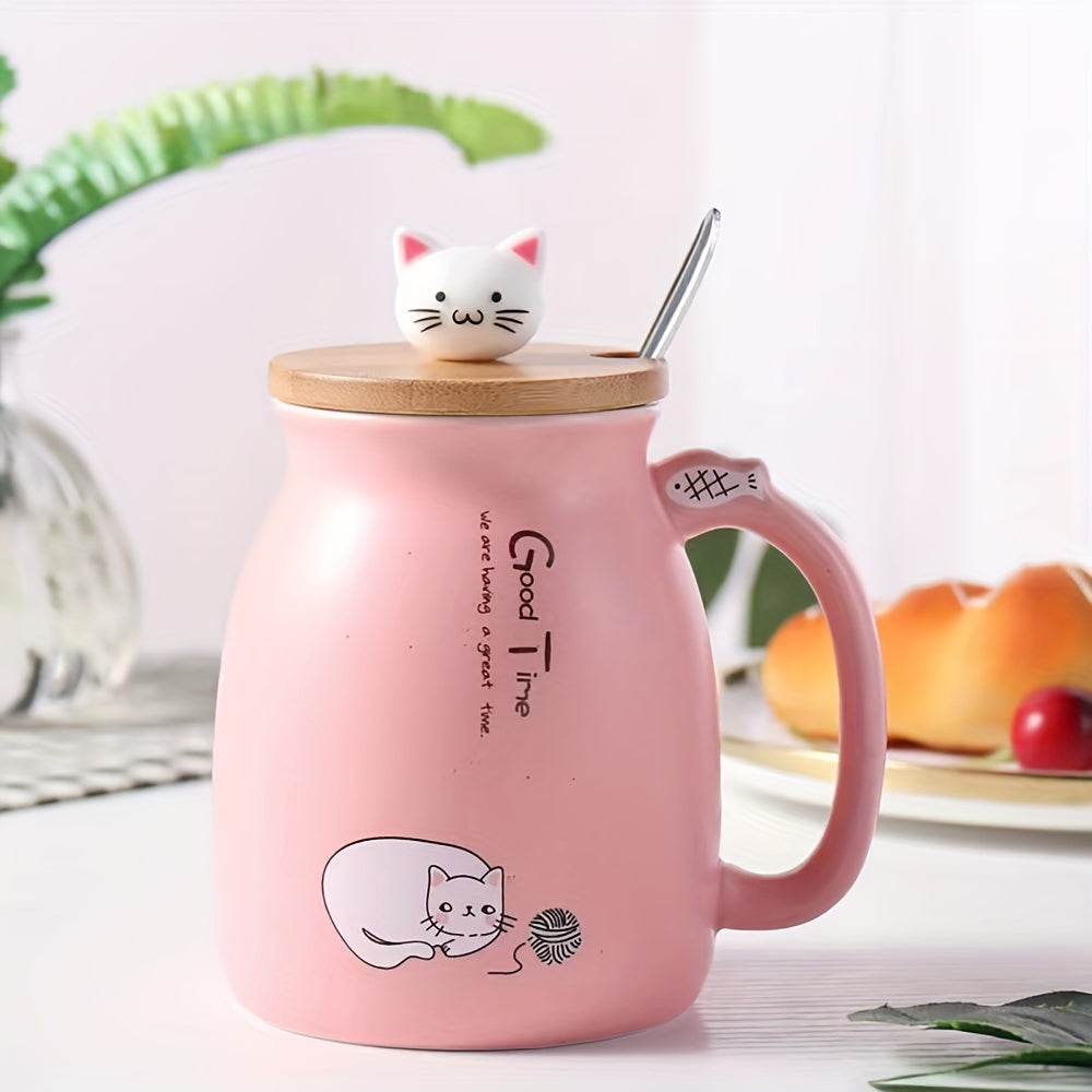 Taza de Cerámica con Tapa y Cuchara, 420ml, Diseño de Gato