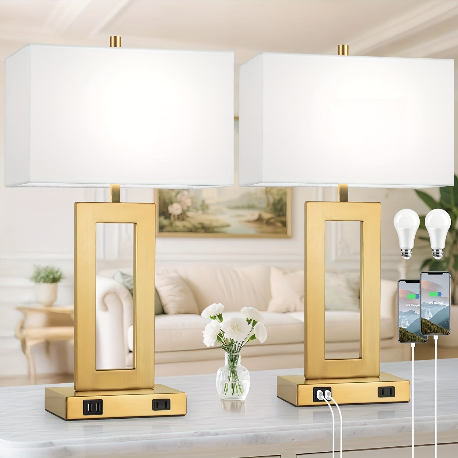 Set de 2 Lámparas de Mesa Táctiles con Puertos USB y Pantalla de Tela