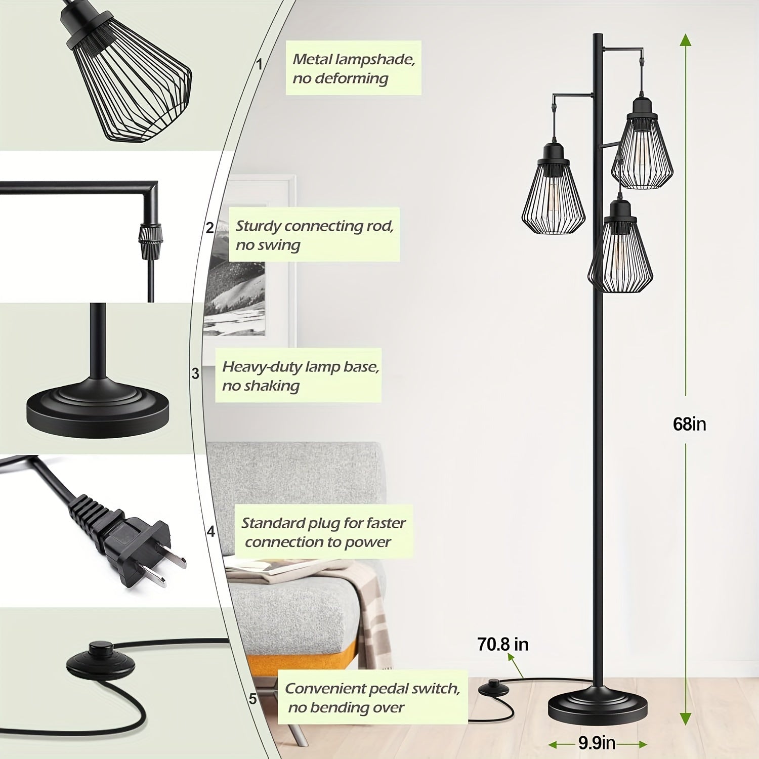 Lámpara de Pie Industrial con Pantallas de Jaula de Vidrio