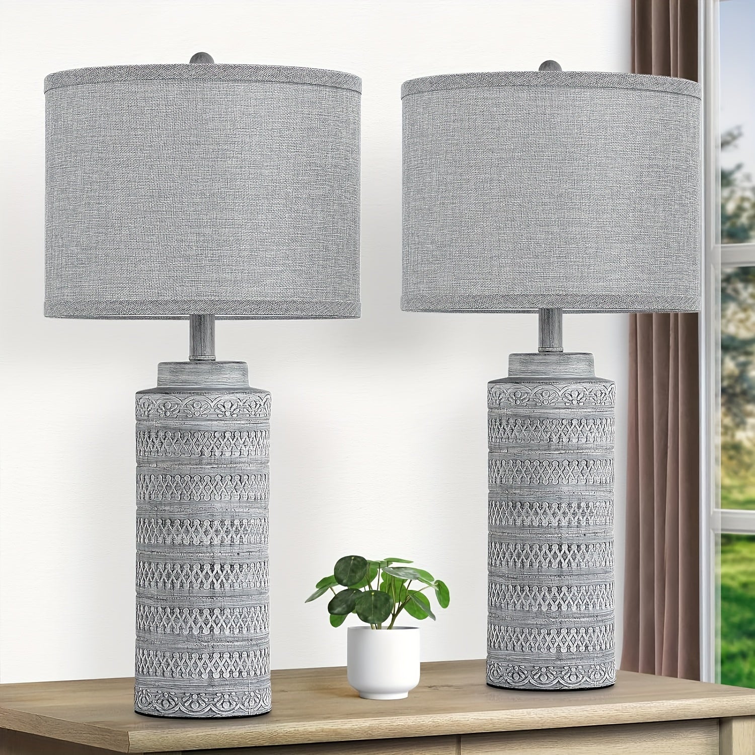 Set de 2 Pantallas de Mesa Cerámicas con Pantalla de Tela Gris