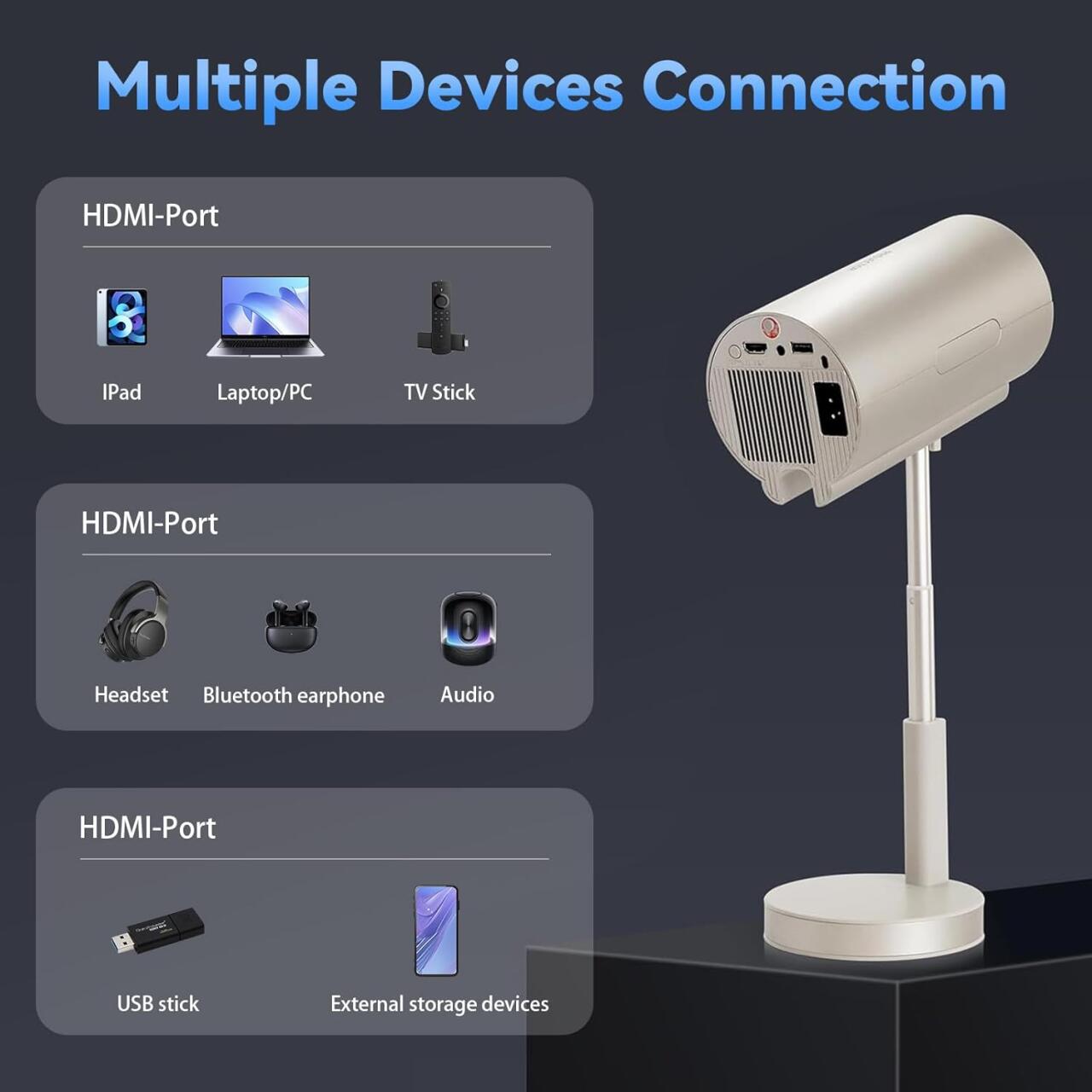 Proyector portátil WiFi y Bluetooth con cabezal ajustable 90°