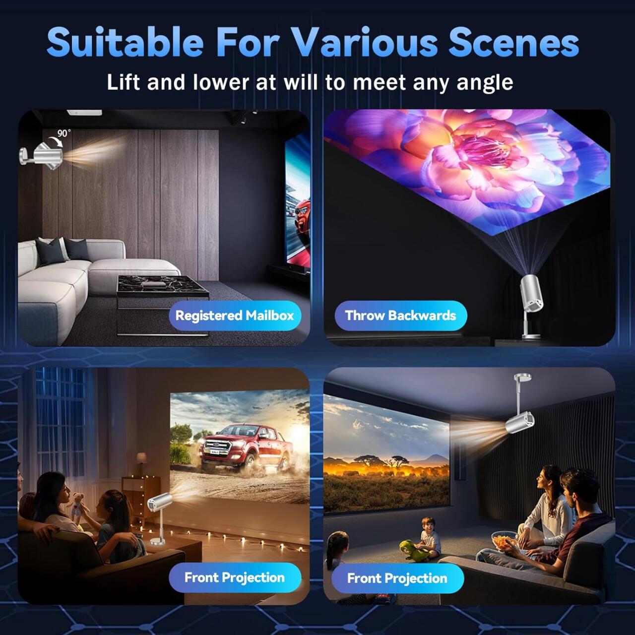 Proyector Inteligente Inalámbrico WiFi + Bluetooth con Cabezal Ajustable 90° 📽️✨