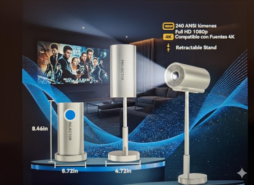 Proyector portátil WiFi y Bluetooth con cabezal ajustable 90°